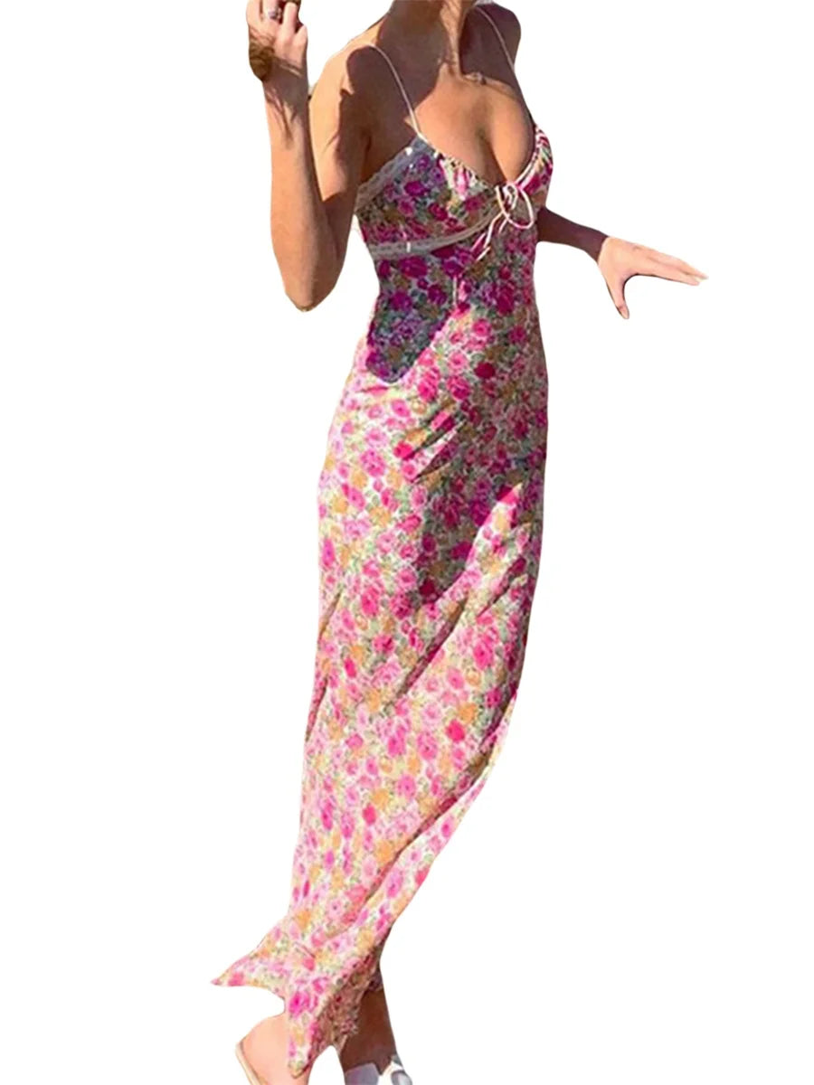 Aiertu Women Sleeveless Y2k Sexy Beach Style Camisole Dress with Flower Pattern Lace Patchwork V Neck Long Type Summer Clothing Aiertu