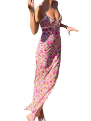 Aiertu Women Sleeveless Y2k Sexy Beach Style Camisole Dress with Flower Pattern Lace Patchwork V Neck Long Type Summer Clothing Aiertu