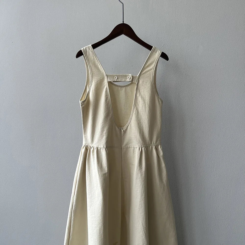 Aiertu  -  Fashion Sleeveless Long Dress Cotton Blend Solid Color Casual Summer New Dress A-line Backless Vacation Beach Dresses For Women Aiertu