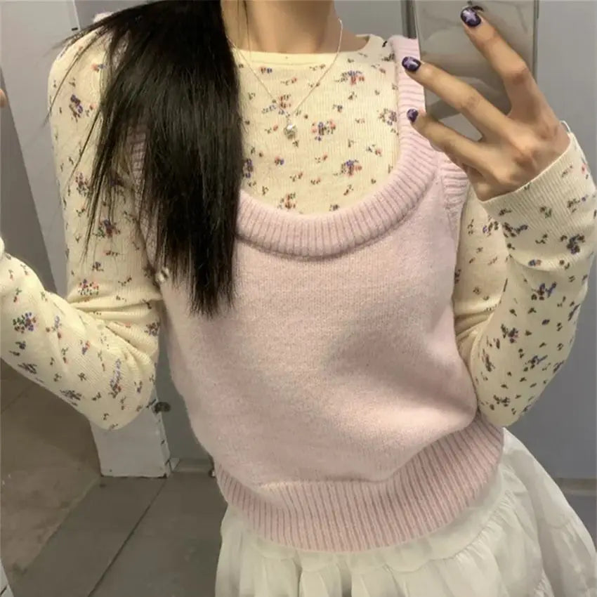 Aiertu  -  Slim Office Lady T-Shirts Women Florals New Knitted Vest Elegant 2026 Sweet Vintage Spring Gentle All Match Tees Aiertu