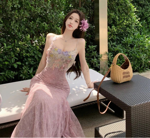 Aiertu  Mauve Flower-Applique Coquette Fairy Dress Aiertu