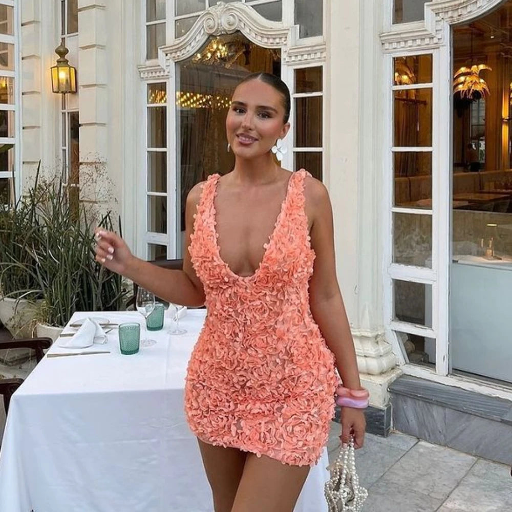 Aiertu  Summer Floral Applique Mini Dress Sexy New Arrivals Orange V Neck Bodycon Party Dresses Satin Birthday Dress Aiertu