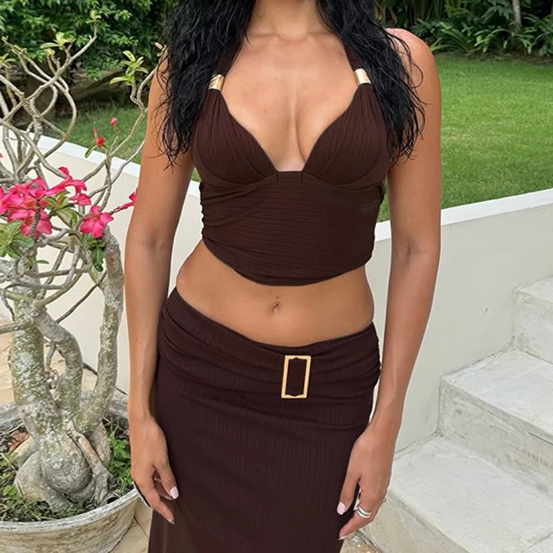 Aiertu  -  Sexy Holiday Style Two Pieces Set Women Summer Cropped Halter Top+Asymmetric Hem With Metal Ring Button Skirt Outfits Aiertu