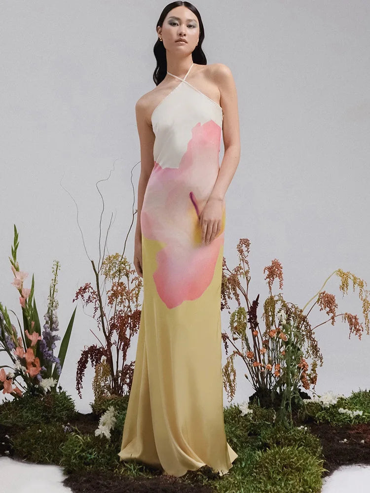 Aiertu  -  Fashion Printed Backless Maxi Dress Female Summer 2025 Slim Sleeveless Contrast Loose Halter Dress Women's Y2k Long Dress Aiertu