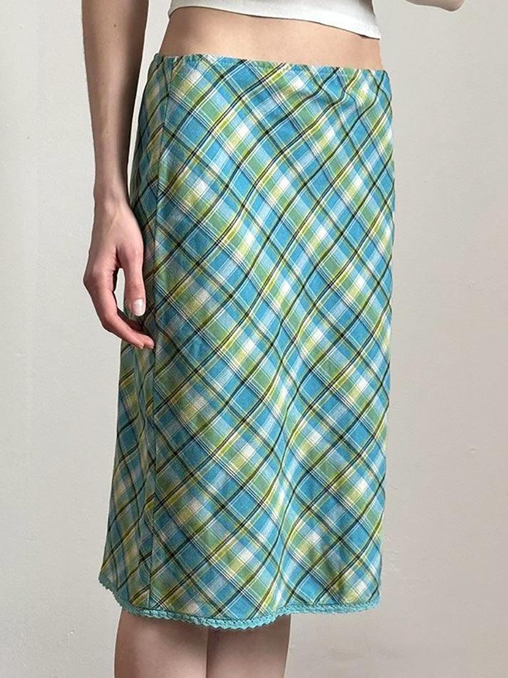 Aiertu  -Vintage Lace Trim Contrast Plaid Midi Skirt aiertu