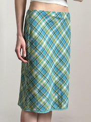 Aiertu  -Vintage Lace Trim Contrast Plaid Midi Skirt aiertu