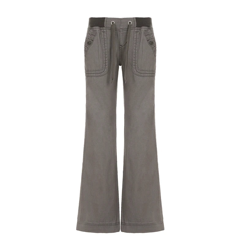 Aiertu  -  Vintage Lace-up Mid-sied Jeans 2000s Women Streetwear Aesthetic Pockets Straight Leg Trousers Fashion Autumn Outfits Aiertu