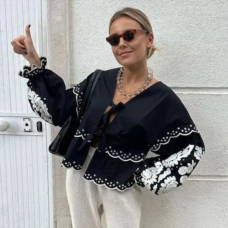Aiertu  -  Casual Lace Up Women Embroidery Blouse V-neck Lantern Sleeve Blouse Wave Cut Eyelet Female Tops 2026 Spring Fashion Female Tops Aiertu