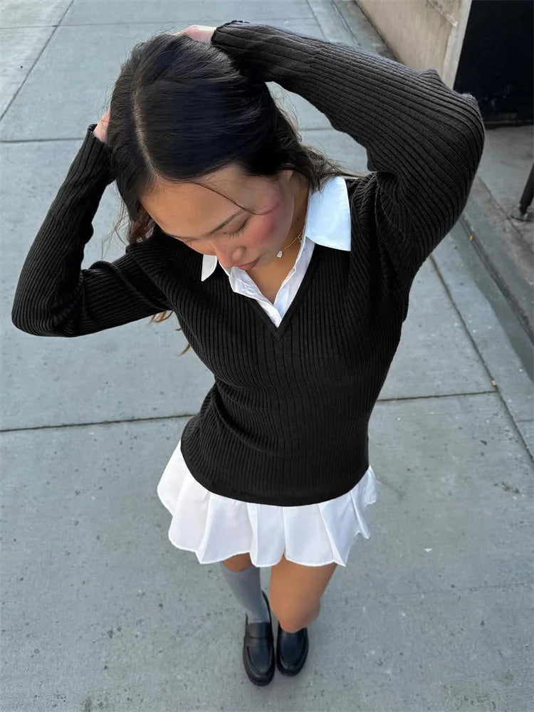 Aiertu  -  Fashion Knit Slim Mini Dress Women Ribbed Lapel 2 Piece-Set Decoration Patchwork Party Dress Knitwear Female Spring Dress Aiertu