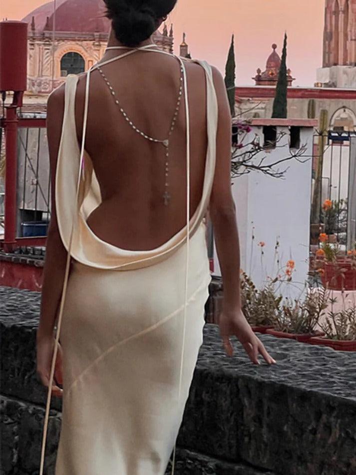 Aiertu  Satin Backless Tie Up Maxi Dress aiertu