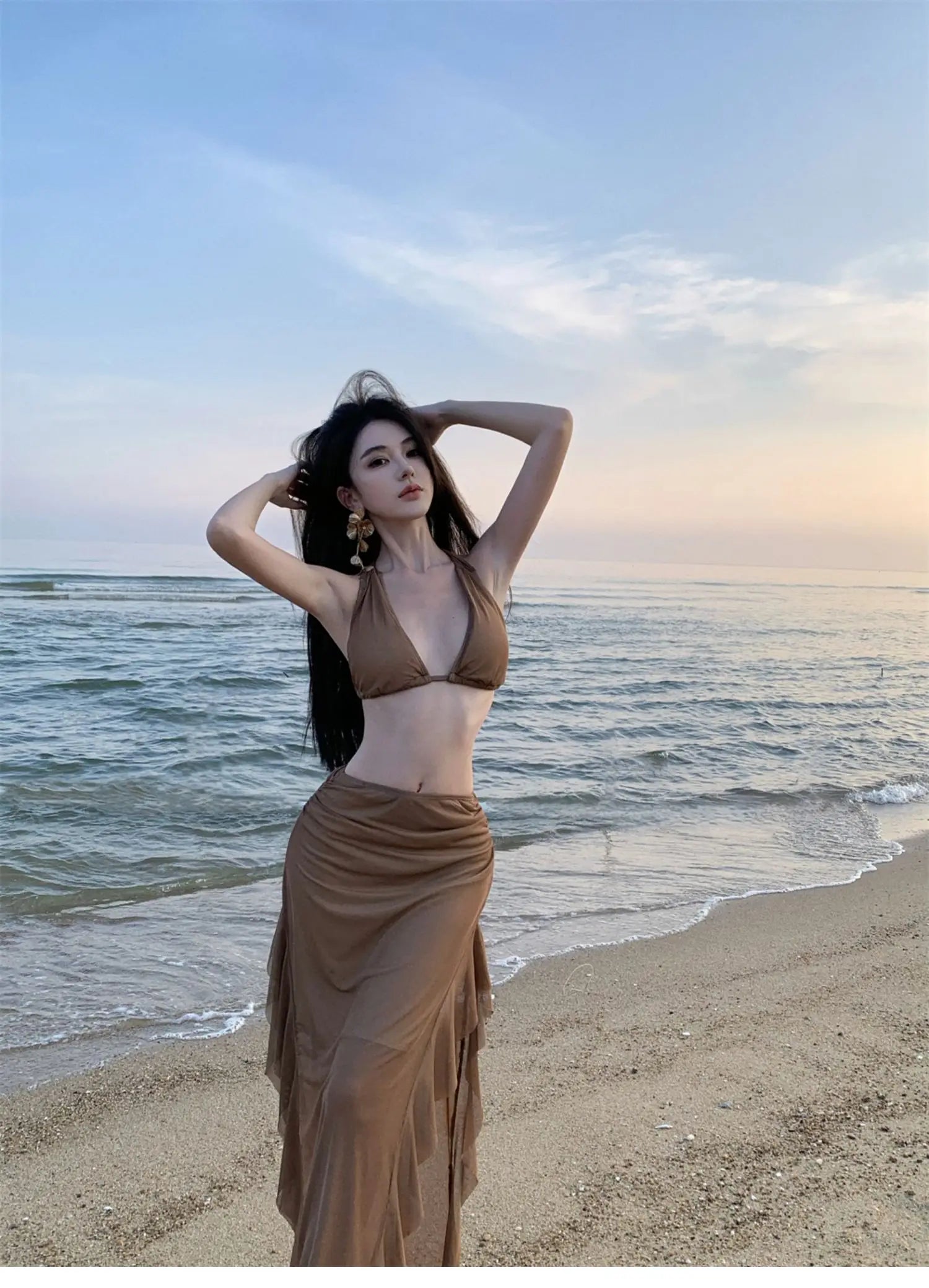 Aiertu  -  Fashion Women's Summer Brown V Neck Backless Halter Bandage Vest Tops And High Waisted Irregular Long Half Skirt Two Piece Sets Aiertu
