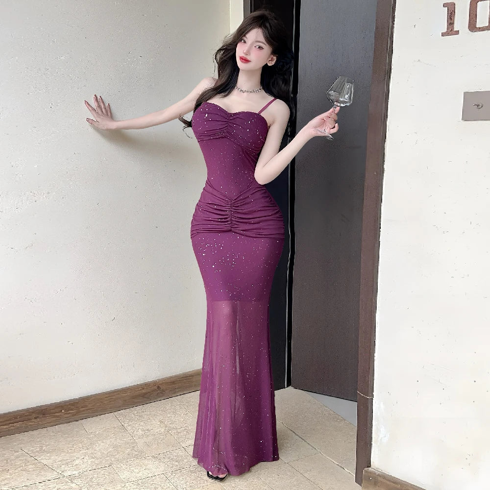 Aiertu  -   Sexy Shiny Mesh Suspender Evening Dresses Women 2025 Summer Temperament Slim Fit Waist Fishtail Party Long Dress Robe Aiertu