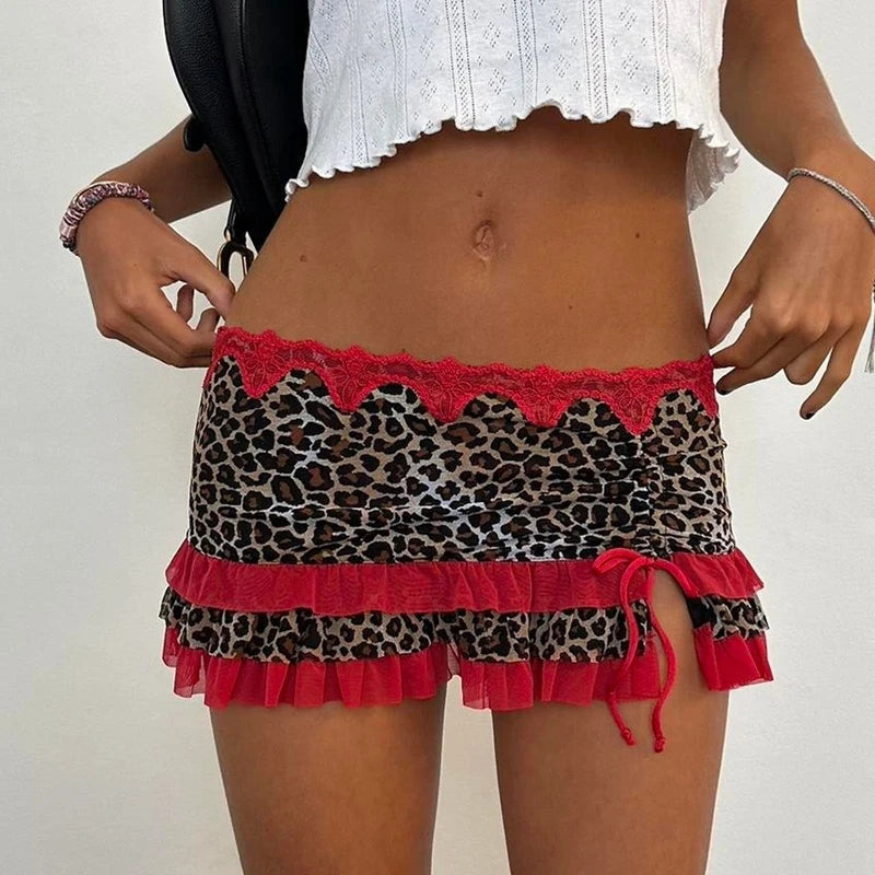 Aiertu  -  Vintage 90s Aesthetic Mini Skirt Coquette Women Fairy Lace Trim Low Rise Short Skirt Y2k Leopard Print Tiered Miro Pencil Skirt Aiertu