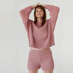 Aiertu  -  Solid Knitted Sweater Shorts Suit Women Casual Crochet O-neck Long Sleeve Pullover Short Pants 2026 Autumn New Lady Loose Outfit Aiertu