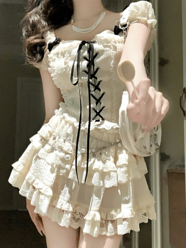 Aiertu  -  Elegant Sweet 2 Piece Skirt Sets Female Lace Pleated Y2k Crop Top + Cute Mini Cake Skirts Japanese Lolita Vintage Suits Summer Aiertu