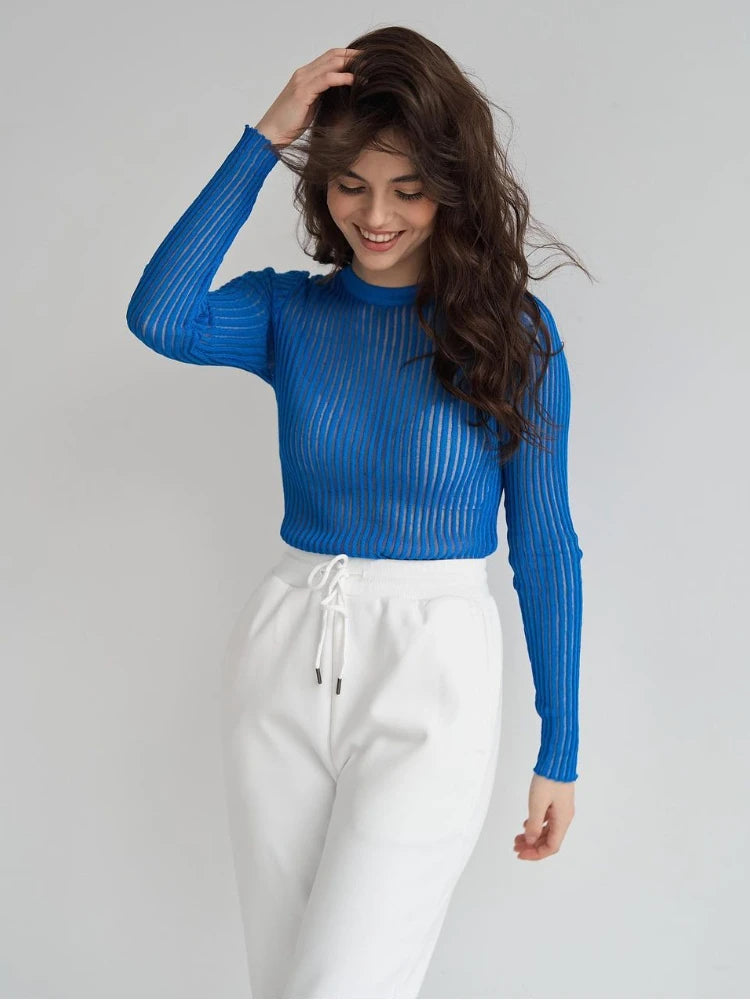 Aiertu  -  Fashion White Elegant Striped See Through Women Tops Outfits Long Sleeve T-Shirts Tees Skinny Club Party Clothes 2023 Aiertu