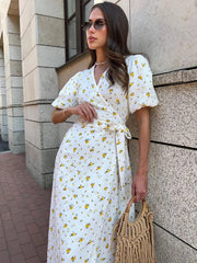 Aiertu  -  Women's V-neck Short Sleeve Floral Printed Cotton Dress Fashion Streetwear 2026 High Waist Bandage A-line Long Holiday Dresses Aiertu