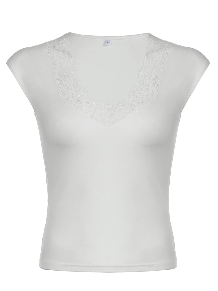 Aiertu - summer inspo Lace Patchwork V Neck Elegant Sexy White T-Shirt Women Summer Short Sleeve Spring Fashion Solid Basic Simple Slim Tops Aiertu