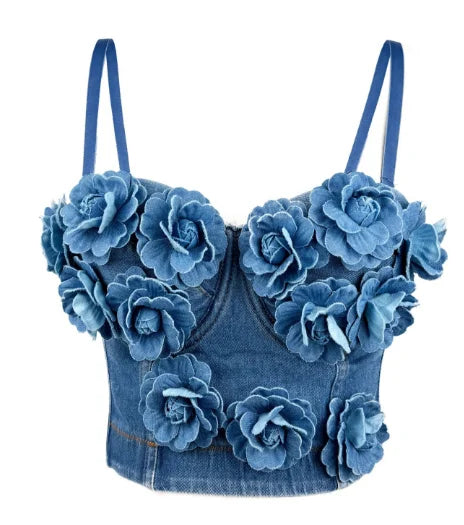 Aiertu  -  2025 Women's Handmade 3D Floral Denim Corset Bra Top Fishbone Bustier No Elasticity Push Up Bra Sexy Bralette Lingerie Aiertu
