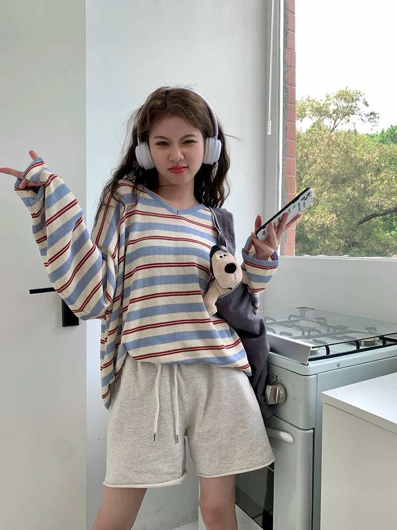 Aiertu  -  Harajuku Striped Knitwear T-Shirt V-neck Long Sleeve Contrast Color Tee Oversized Streetwear Korean Style Spring Clothes Aiertu