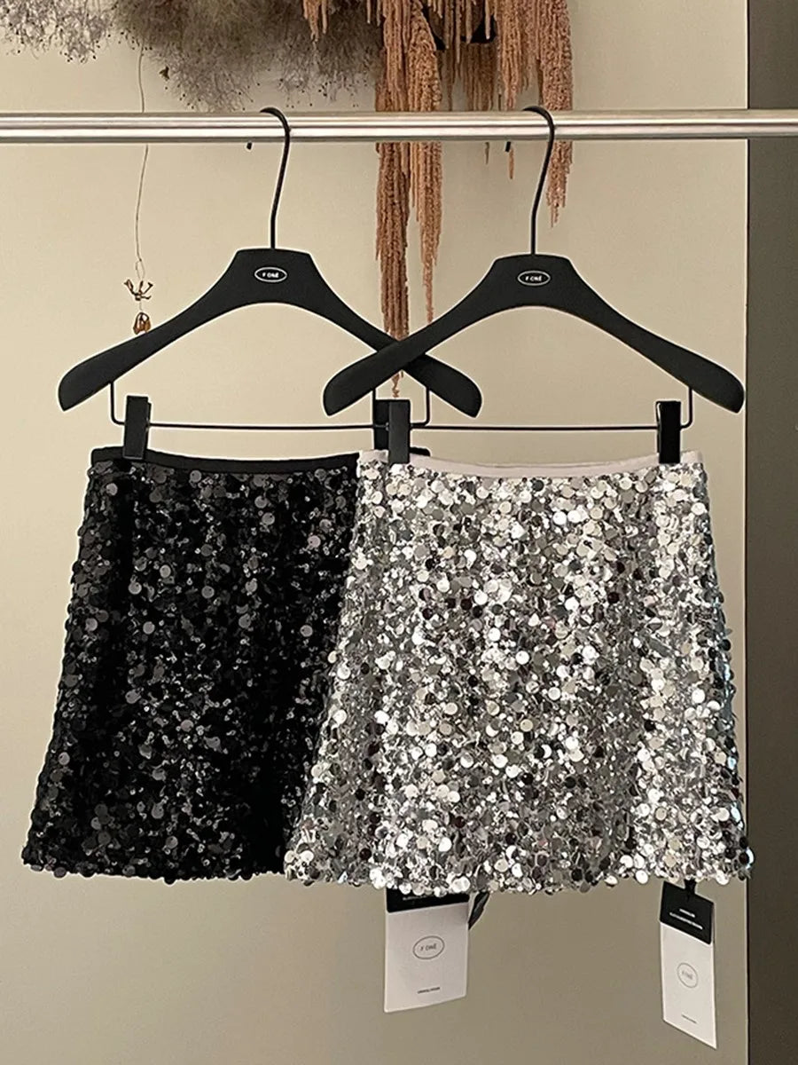 Aiertu  Sequied Sexy Silver Mini Skirts For Women 2025 New High Waist Slim Zipper A-line Party Skirt Simple Fashion Elegant Short Faldas Aiertu