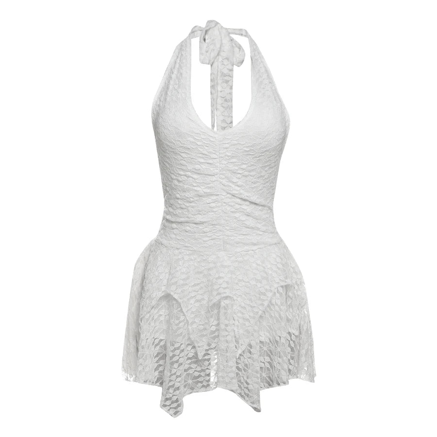 Aiertu  -  Halter Sexy Backless Mini Dress Women Low-Neck Irregular hem Mesh Patchwork Ruffles Midnight Club Party Trend Outfits Aiertu