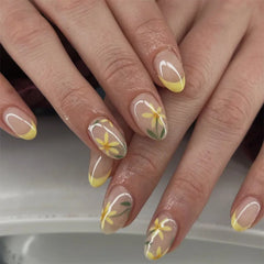 Aiertu  -  24PCS Sweet Dopamine Flowers French False Nails Artificial Wearable Almond Press on Nail with Blue Stripes Design Fake Nail Tips Aiertu