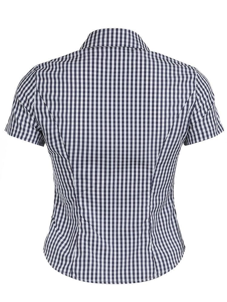 Aiertu - summer inspo Hot American Retro Casual Short Sleeve Plaid Shirts For Women Button Up Turn Down Collar Summer Spring Preppy Tops Aiertu