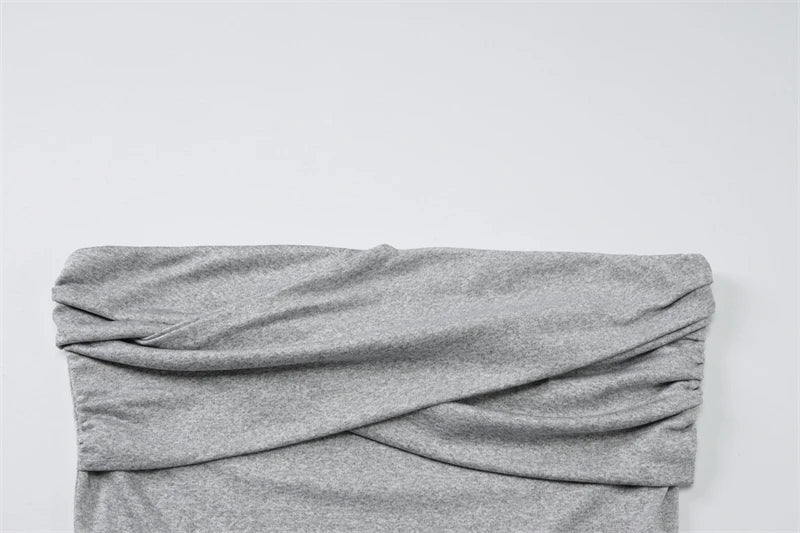 Aiertu  -  Summer Women Dress Solid Grey Sexy Strapless Slim Maxi Dress Fashion Pleated Twist Long Dress Party Evening Gown Robe Aiertu
