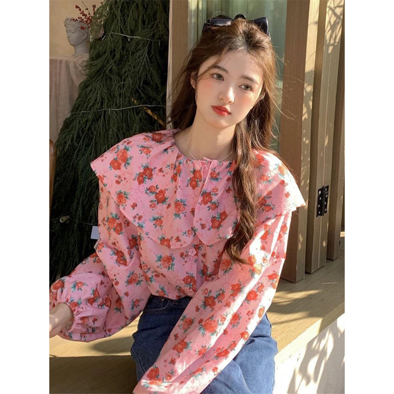 Aiertu Vintage Sweet Floral Shirts Women Cute Love Heart Print Peter Pan Collar Puff Long Sleeve Blouse Korean Preppy Casual Tops Aiertu