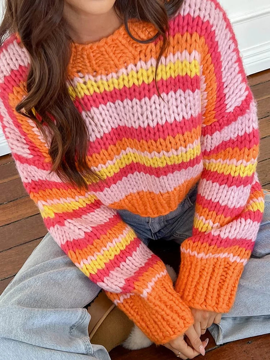 Aiertu  -  Color Striped Patchwork Sweater Women Round Neck Long Sleeve Cropped Jumpers Autumn New Casual Fashion Knitted Pullover Top 2026 Aiertu
