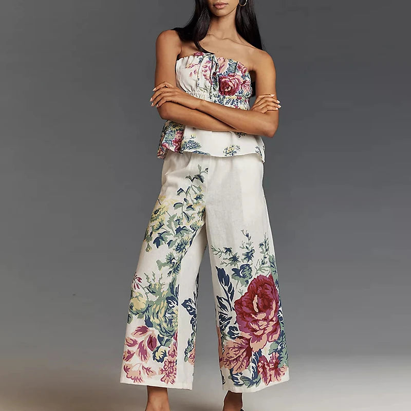 Aiertu  -  Women Sexy Strapless Top & Straight Pants Suit Summer Pattern Printed Backless Beach Set Fashion Backless Ruffle Holiday Outfit Aiertu
