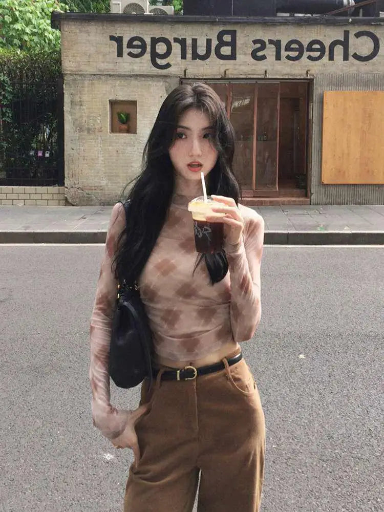 Aiertu       -  American Retro Plaid Mesh Tops Long Sleeve Korean Fashion Streetwear T Shirt Women Autumn Tops Tees 2000s Clothes Y2k Aiertu