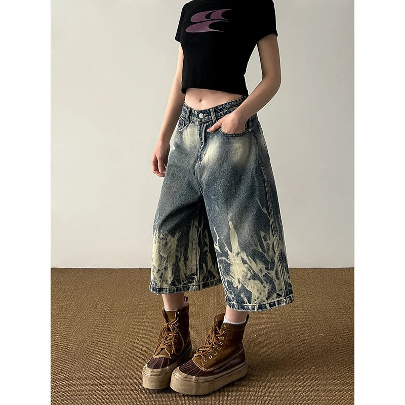 Aiertu  American Vintage High Waist Trashy Loose Jeans 2025 Summer Women's Casual Baggy Y2K Shorts Wide Leg Grunge Print Denim Shorts Aiertu