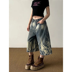 Aiertu  American Vintage High Waist Trashy Loose Jeans 2025 Summer Women's Casual Baggy Y2K Shorts Wide Leg Grunge Print Denim Shorts Aiertu