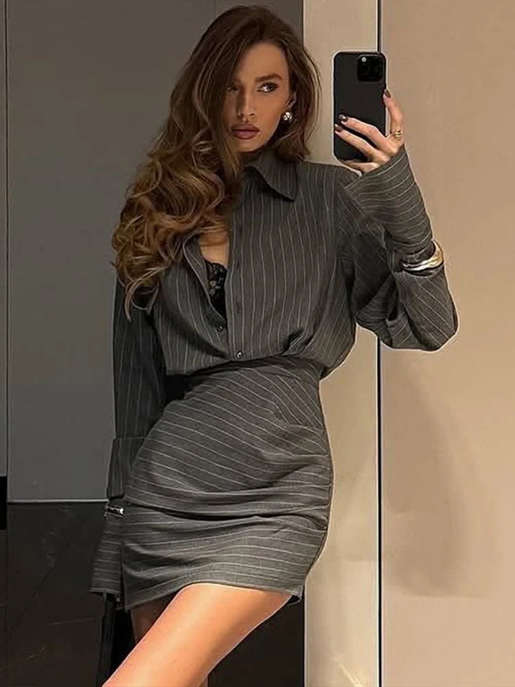 Aiertu  -  Striped Lapel Women Shirt Short Skirt 2 Piece Set Retro Waist Cinched Baggy Long Sleeve Blouse Pleated Hip Wrap Skirts Suit New Aiertu