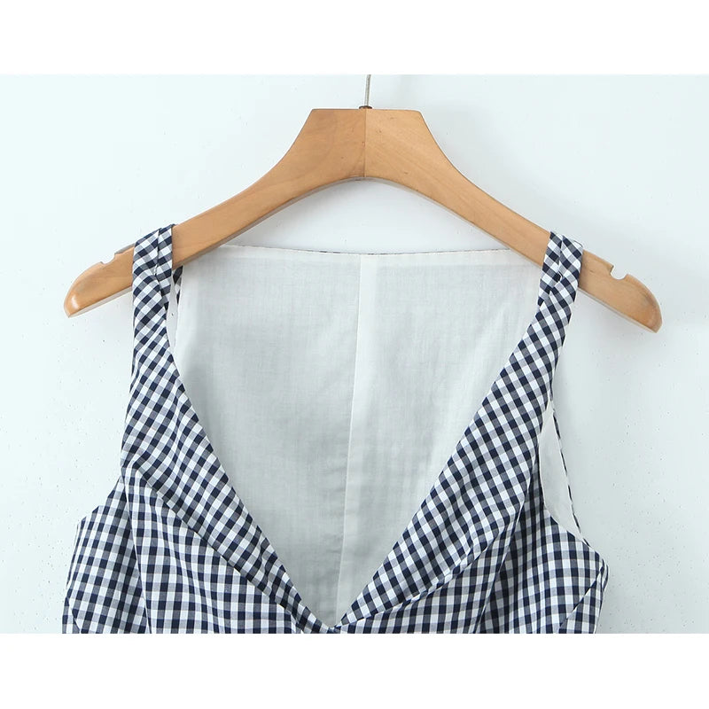Aiertu  -  2025 Women Front Button V Neck Plaid Tank Top Cotton Holiday Summer Crop Top Sleeveless Tees Aiertu