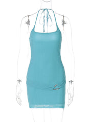 Aiertu  -  Casual Sexy Halter Blue Beach Holiday Dress for Women 2026 Summer Sleeveless Off Shoulder Backless Short  Party Dresses Clubwear Aiertu