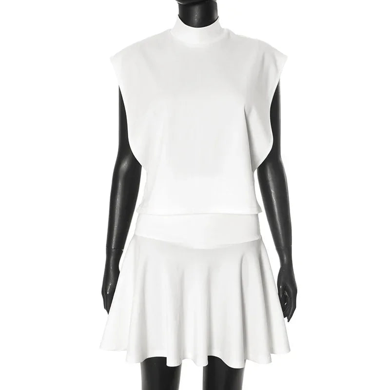 Aiertu  -  Short Skirt Two Piece Sets Female Half Turtleneck Sleeveless Top Pleated Skirt Sexy White Casual Matching Set 2025 New Aiertu