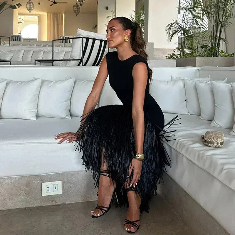 Aiertu  -  Sexy Fringed Knit Long Dresses Women Slim Sleeveless O-neck Backless Zipper Package Hip Dress Female 2026 Summer Party Lady Robe Aiertu