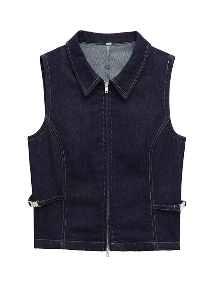 Aiertu  -  High Street Denim Tank Women Lapel Sleeveless Zippers Slim Crop Tanks Female 2025 Spring Summer Fashion Casual Solid Lady Tops Aiertu