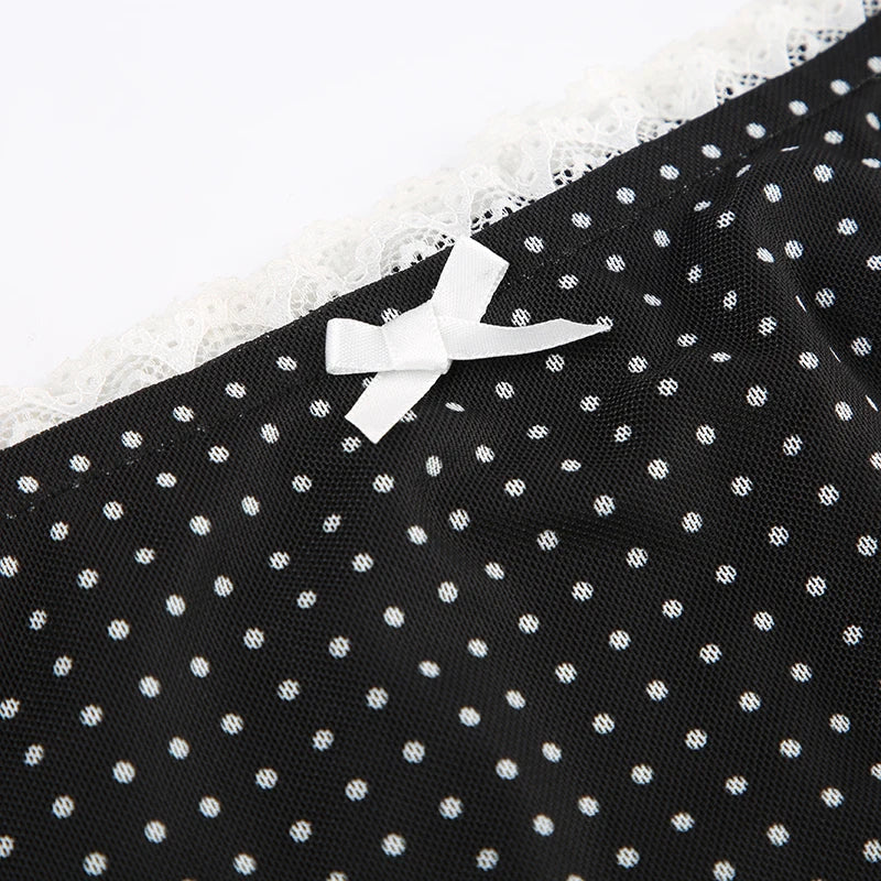 Aiertu  -  Elegant Chic Polka Dot Mesh Skirt Women Lace Trim Bow Vintage Fashion Party Long Skirts Double Layer Bottoms Outfits Aiertu