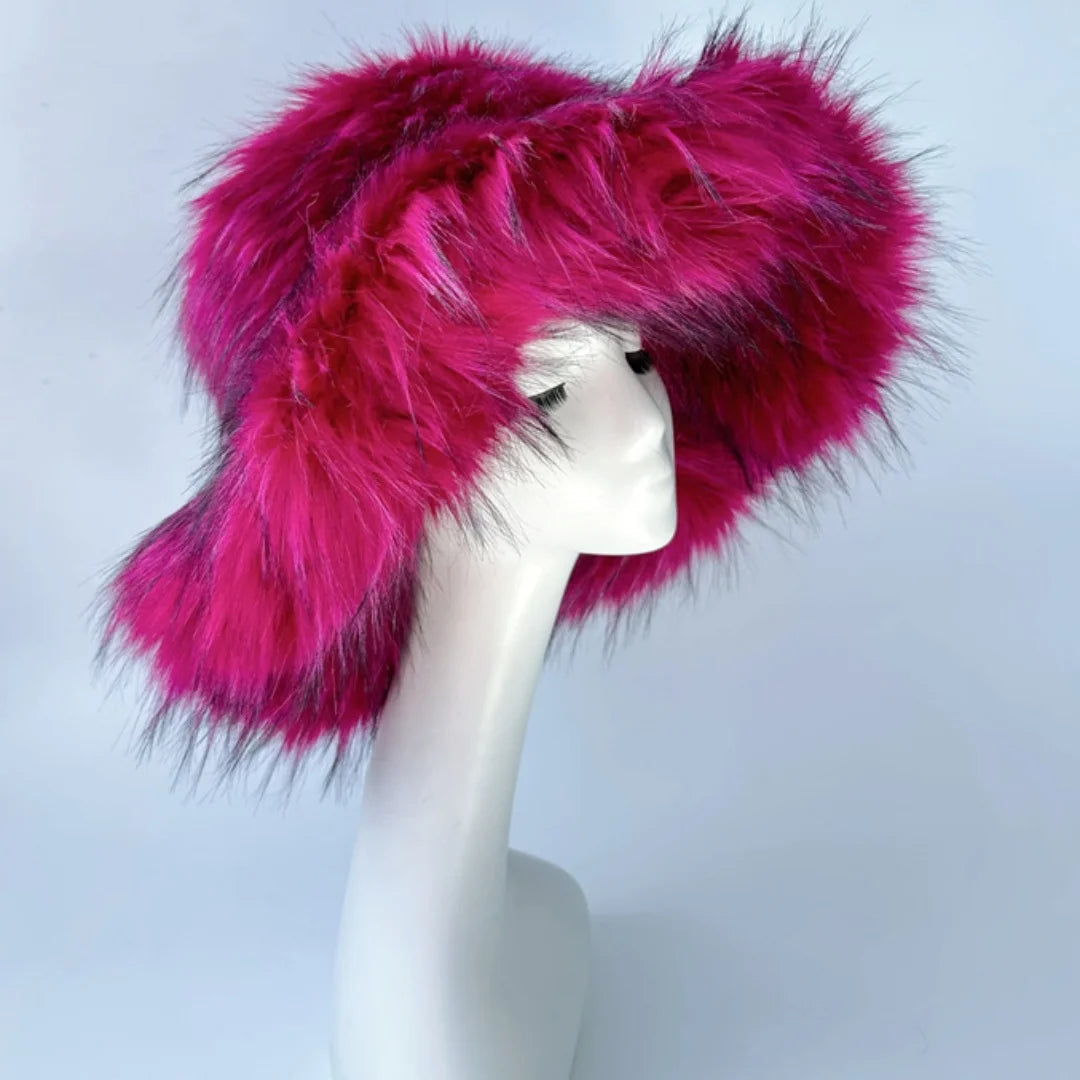 Aiertu  -  Luxury Fluffy Women Faux Fur Bucket Hats Oversized 17cm Wide Brim Thicken Outdoor Warm Plush Punk Hat Girl Y2k Female Ski Panama Aiertu