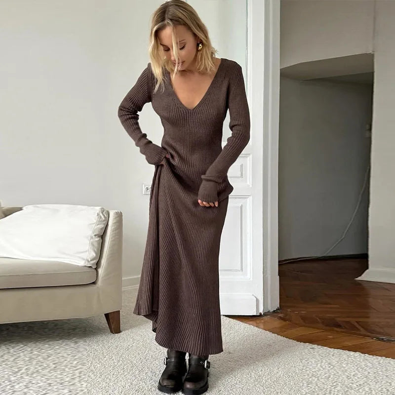 Aiertu  -  Women Knitted V-Neck Maxi Dress Slim Long Sleeve Ribbed Sexy High Waist Party Dresses Elegant Lady Solid Long Skirt 2026 Autumn Aiertu
