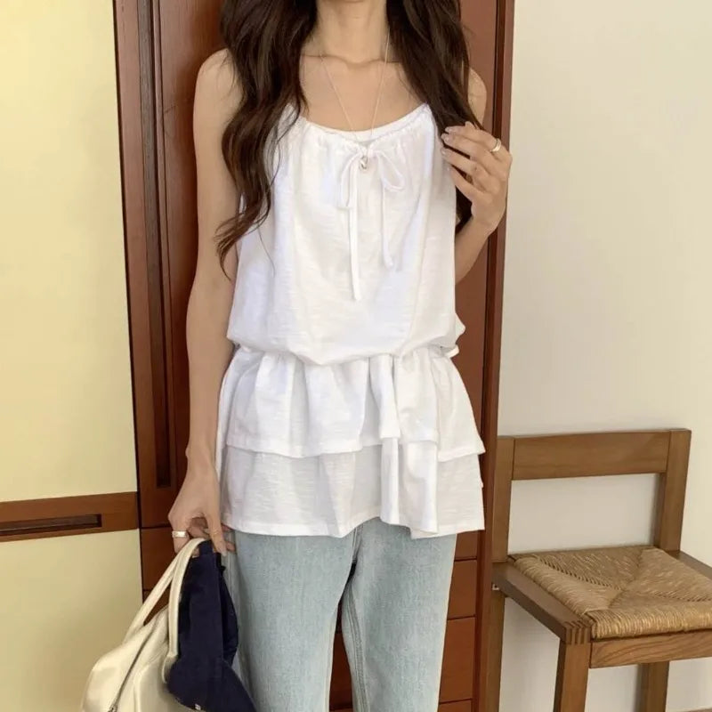 Aiertu  -  Korea Chic Style Camisole Women's Spring Pure Sexy Drawstring Lace-up Slim Fit Strap Top Fashion Female Clothes Aiertu