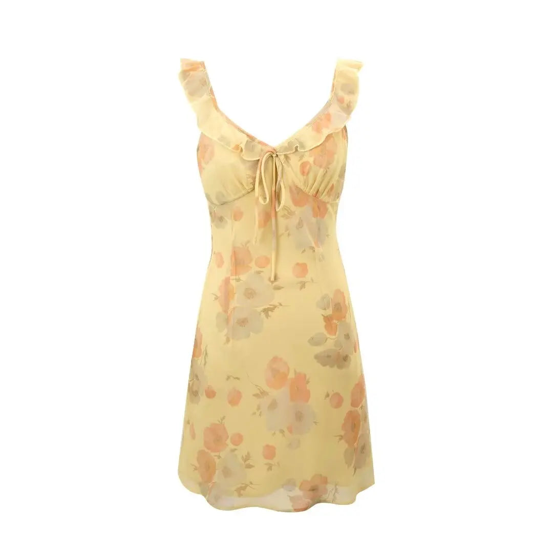 Aiertu  -  French tea break print wide suspender dress for women summer new slim fit hip-wrapped short skirt Aiertu