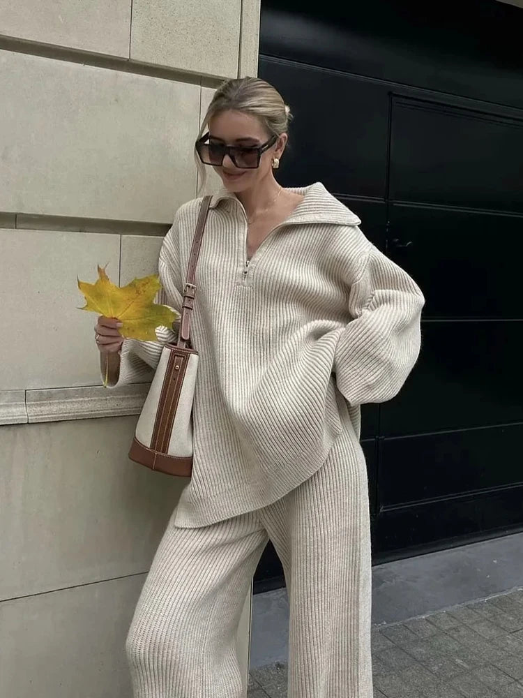 Aiertu  -  Grey Autumn Winter Knitted Sweater Pants Set 2 Pcs Outfits Thick Casual Wide Leg Pants Zip Pullover Female Loose Set Aiertu