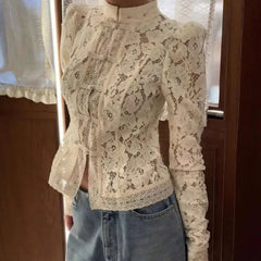 Aiertu  -  Long Sleeve Lace Elegant Shirt Women Top Autumn Stand Collar Single-breasted Slim Temperament See Through Shirts Aiertu