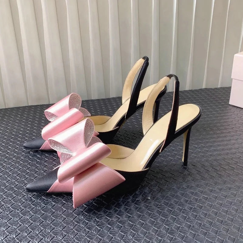 Aiertu  -  Bow Satin Stilettos New Women Point Toe Thin High Heel Slingbacks Elegant Sweet Pumps Sandals Shoes For Woman Aiertu