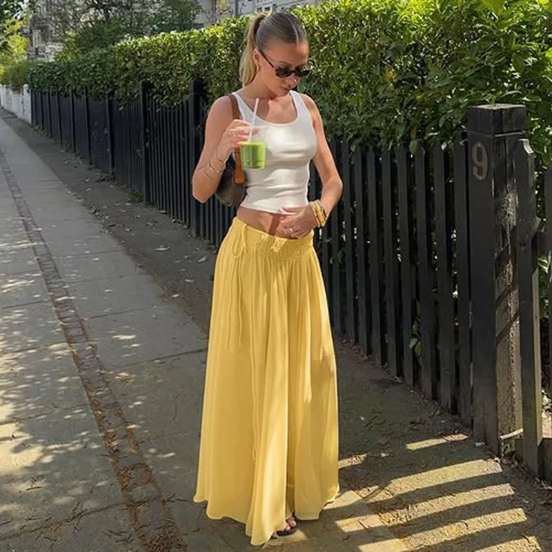 Aiertu  -  Summer Drawstring High Waist Long Skirt For Women Pleated Casual Patchwork Lace-Up See-Through Female Chiffon Maxi Skirt Aiertu